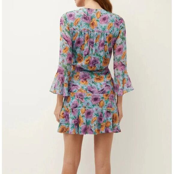 Veronica Beard Silk Floral Ruched Sean Dress Lake Blue Multi Bell Sleeve Flounce - Picture 3 of 10